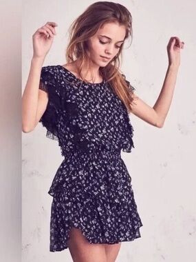 LoveShackFancy Black Mini Dress with periwinkle and Light Pink Floral Print